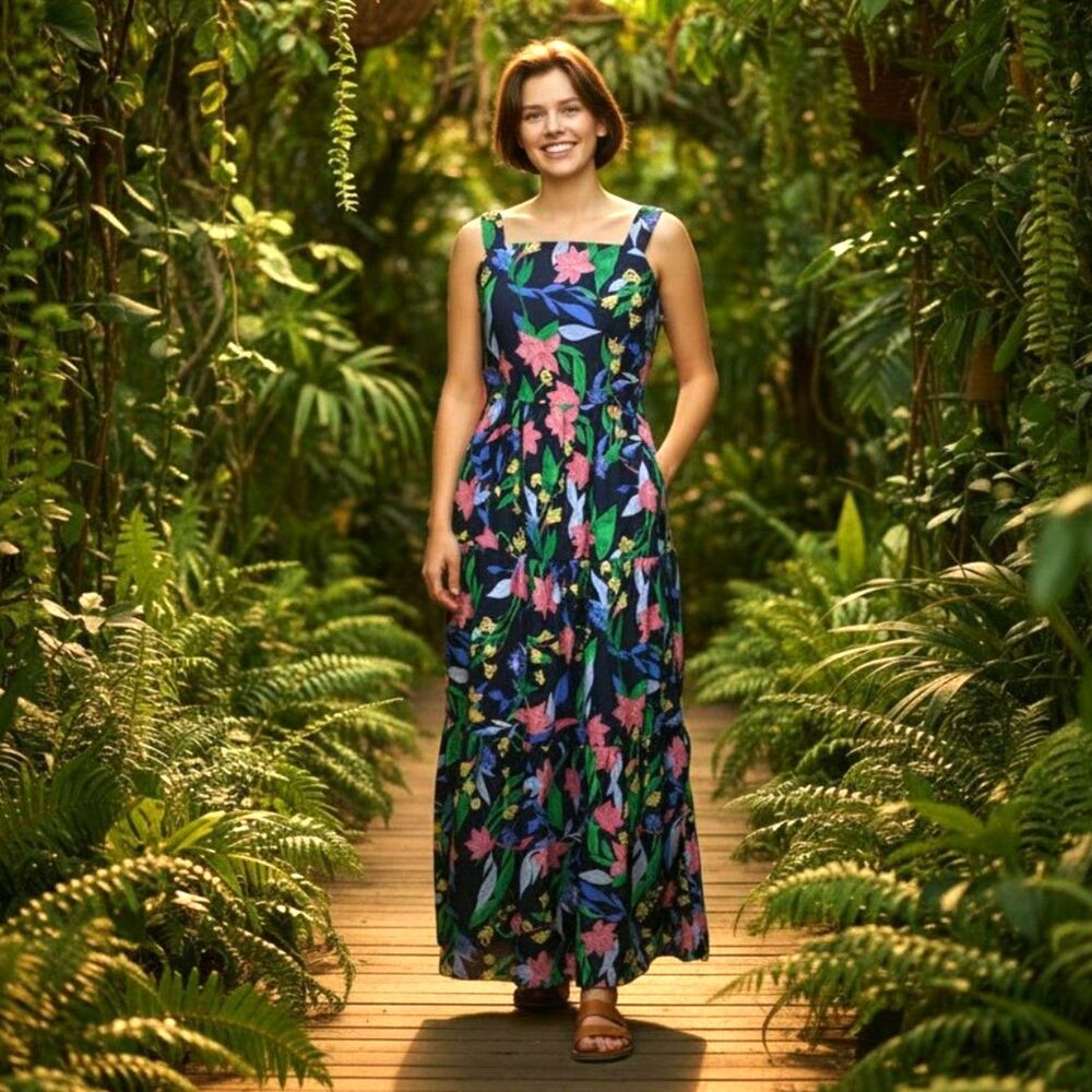 J.Crew Navy Floral Maxi Dress Tiered Skirt Sleeveless Summer Cottage Boho Sz 6 - Picture 2 of 6